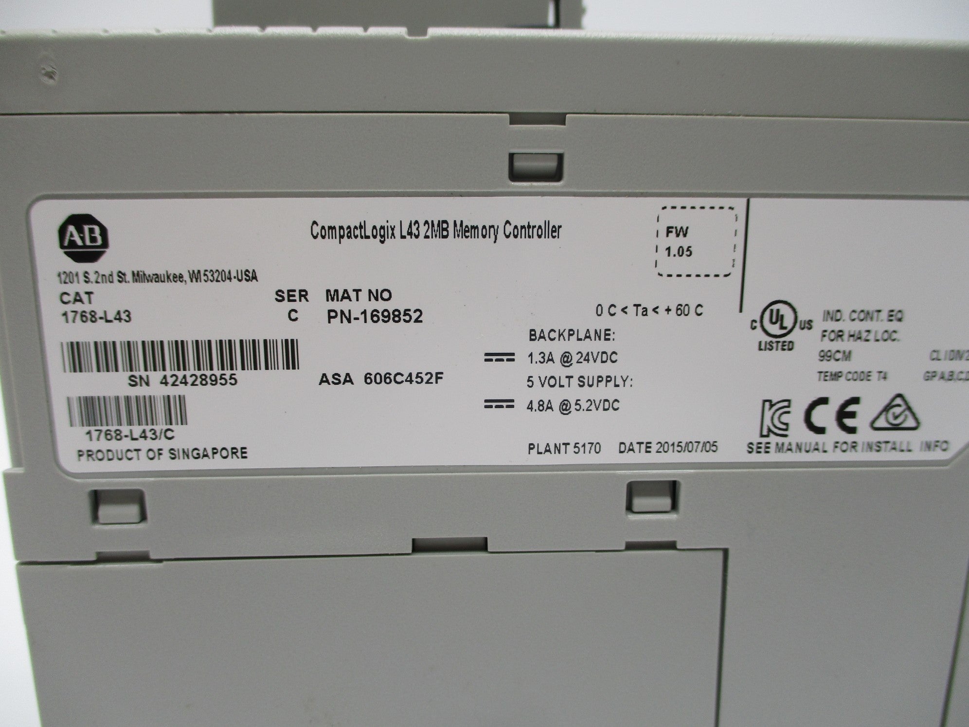 ALLEN BRADLEY 1768-L43 SER. C 24VDC 1.3A F/W 1.05 NSNP