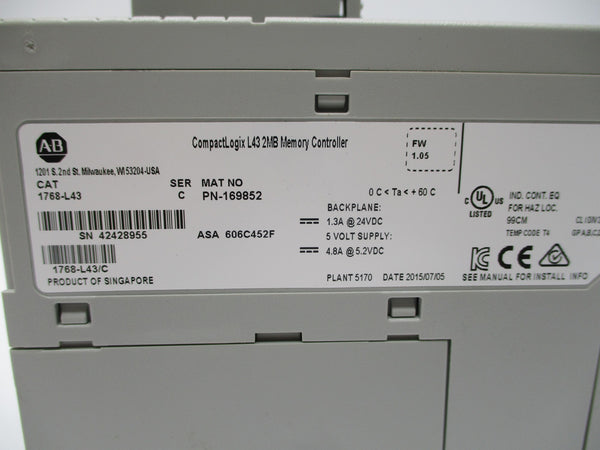 ALLEN BRADLEY 1768-L43 SER. C 24VDC 1.3A F/W 1.05 NSNP