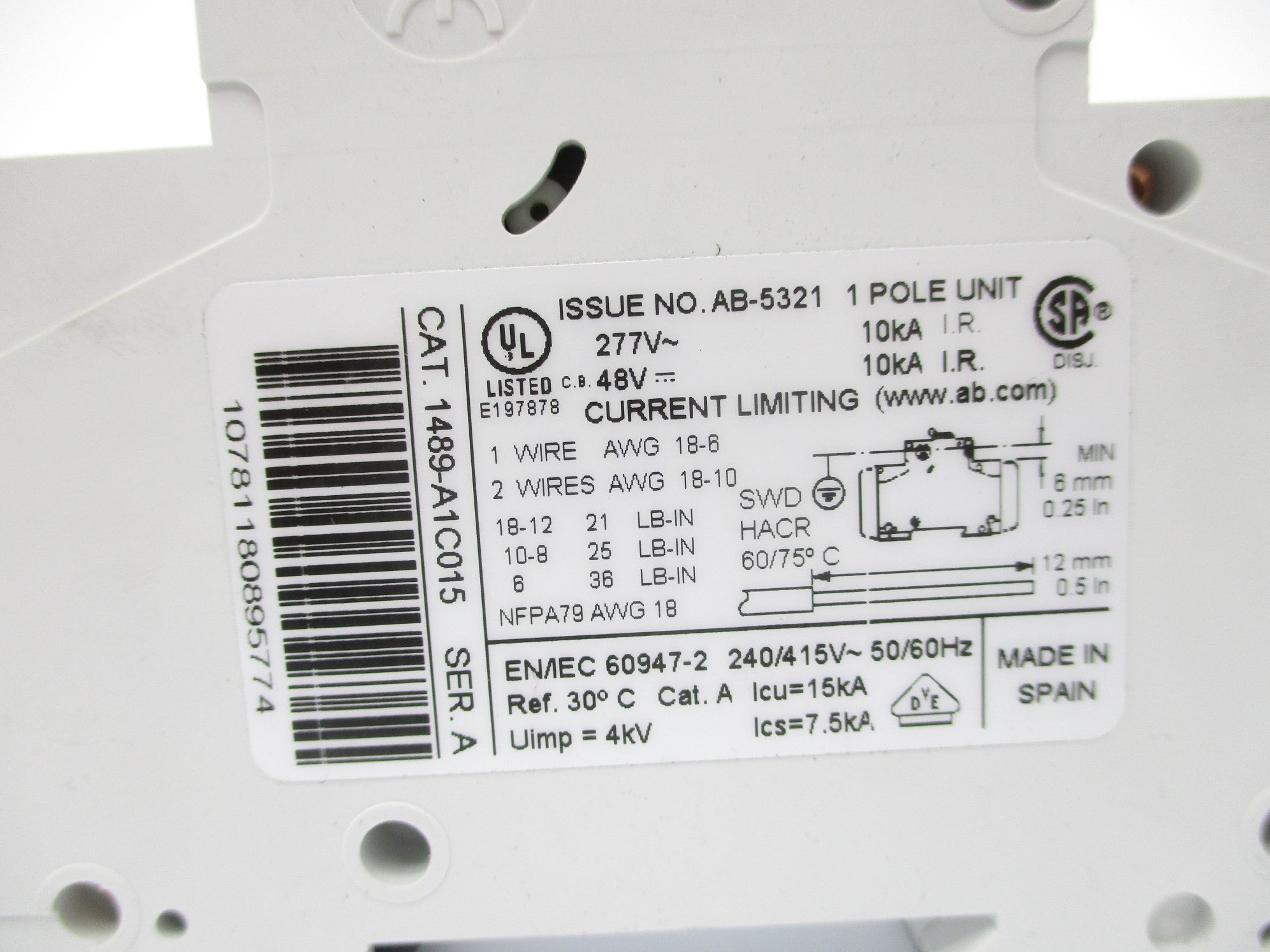 ALLEN BRADLEY 1489-A1C015 SER. A 1.5A 277V NSNP