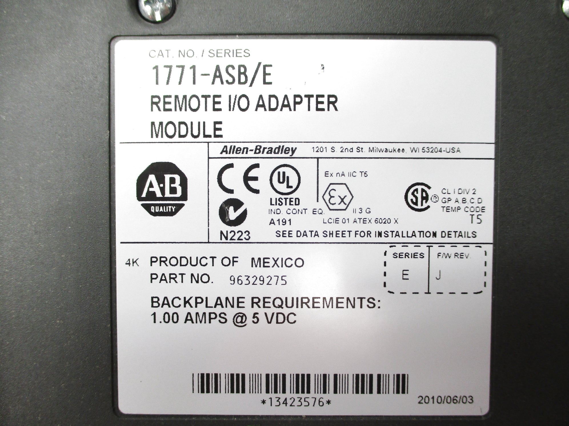 ALLEN BRADLEY 1771-ASB SER. E F/W J UNMP