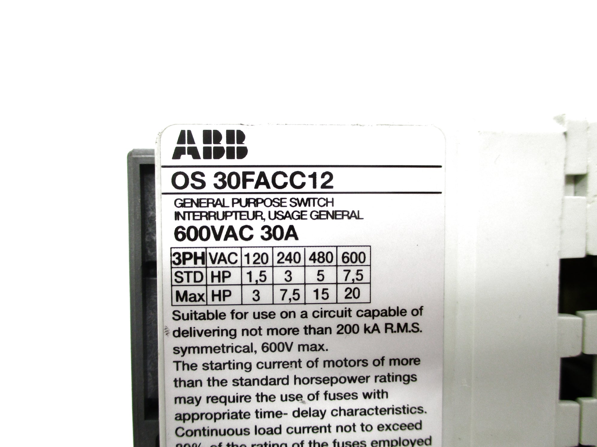 ABB OS30FACC12 600VAC 30A UNMP