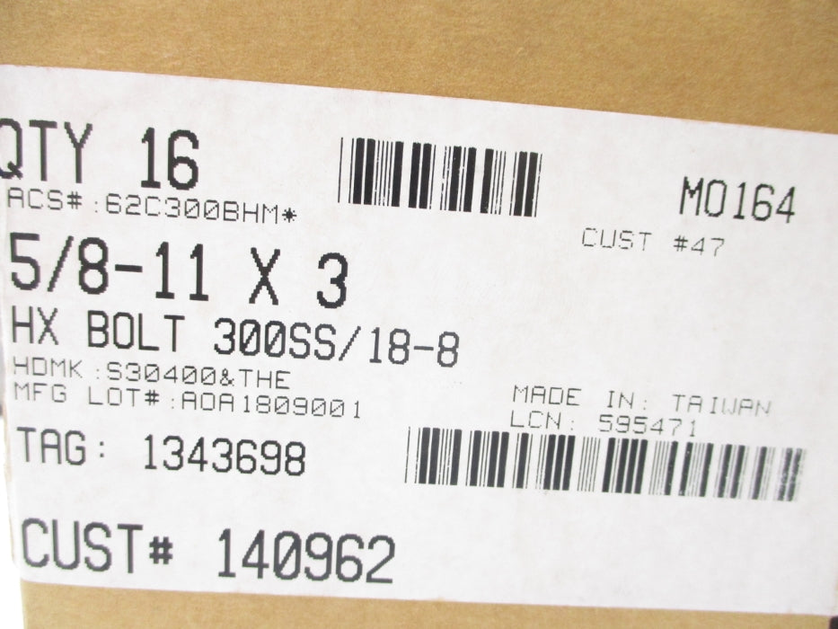 ACS 300SS/18-8 5/8-11X3 (PKG OF 16) NSMP