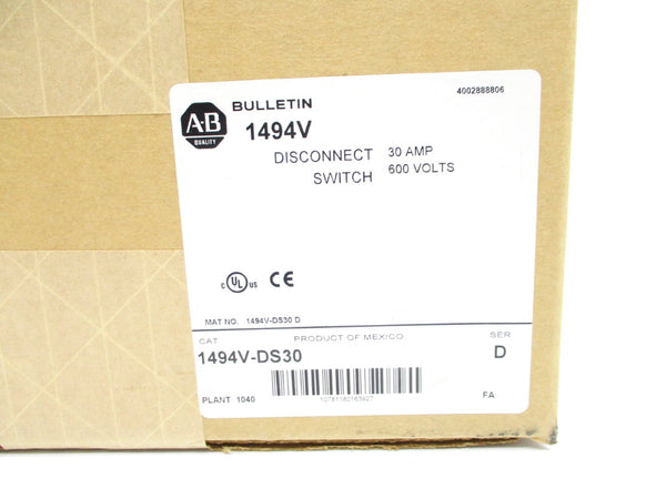 ALLEN BRADLEY 1494V-DS30 SER. D 600V 30A (BR/WH) NSFS