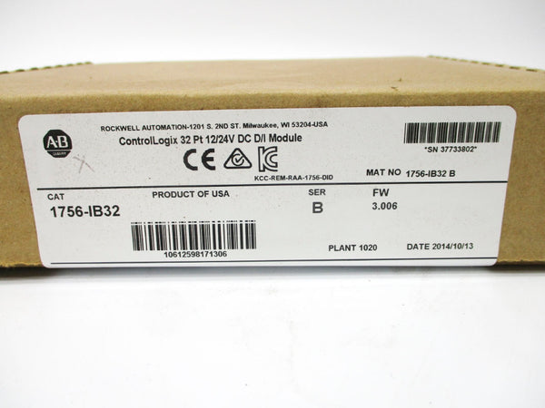 ALLEN BRADLEY 1756-IB32 SER. B F/W 3.006 DATE: 2014 12/24VDC NSFS