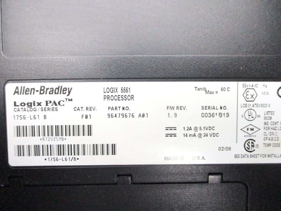 ALLEN BRADLEY 1756-L61 SER. B 24VDC 1.2A F/W 1.9 NSNP