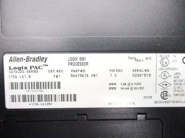 ALLEN BRADLEY 1756-L61 SER. B 24VDC 1.2A F/W 1.9 NSNP
