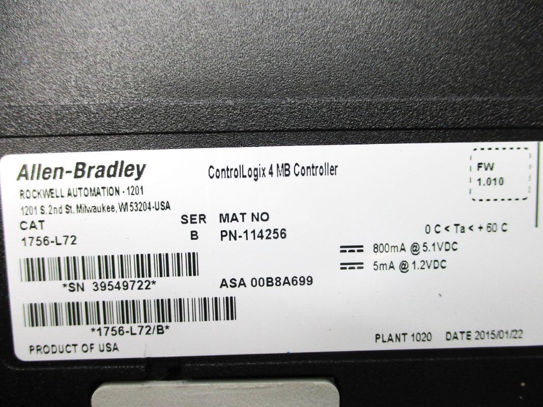 ALLEN BRADLEY 1756-L72 SER. B F/W 1.010 5.1VDC NSNP