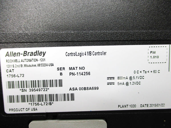 ALLEN BRADLEY 1756-L72 SER. B F/W 1.010 5.1VDC NSNP