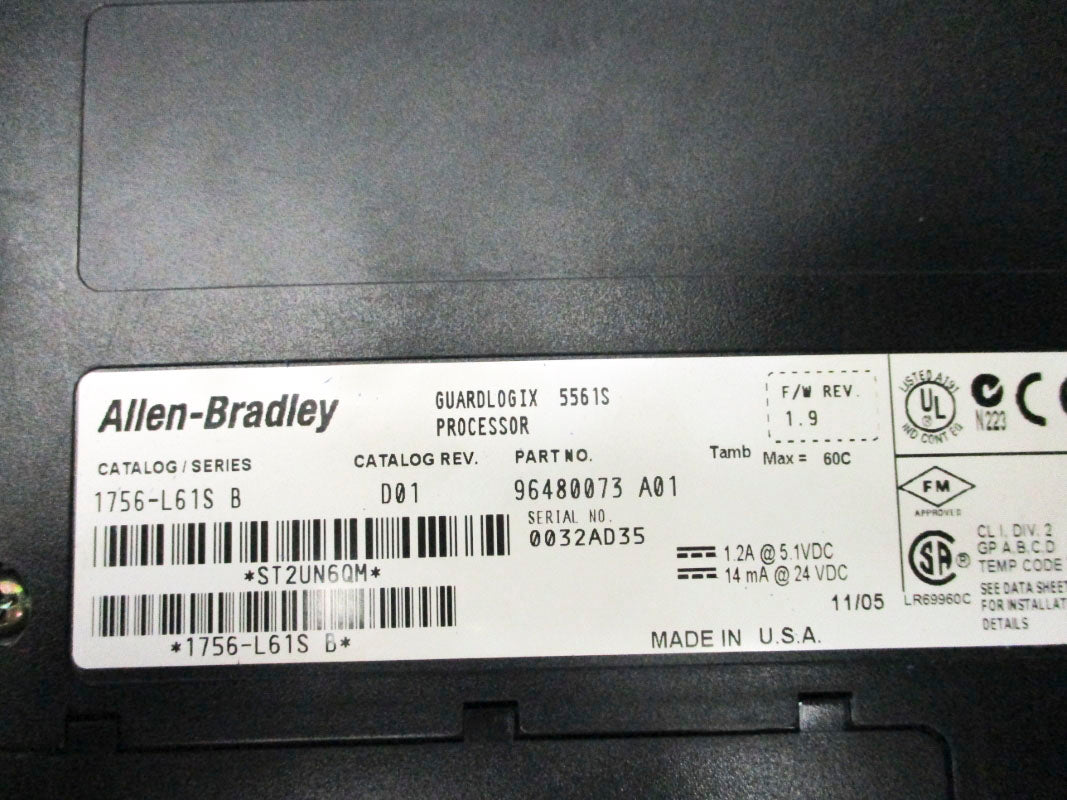 ALLEN BRADLEY 1756-L61S SER. B F/W 1.9 24VDC 1.2A (NO KEY) NSNP