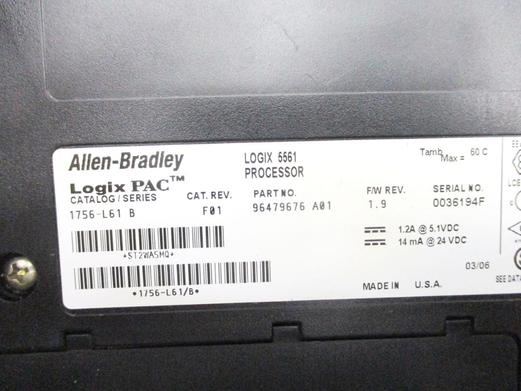 ALLEN BRADLEY 1756-L61 SER. B F/W 1.9 24VDC 1.2A (AS PICTURED) NSNP