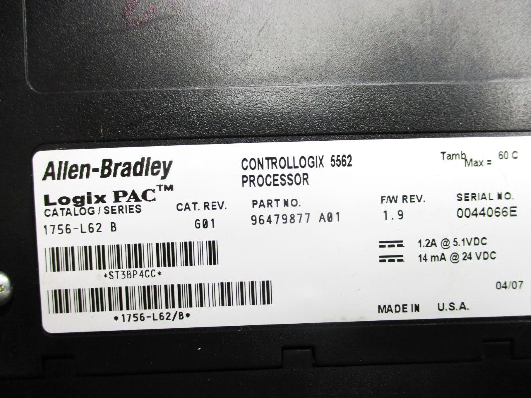 ALLEN BRADLEY 1756-L62 SER. B F/W 1.9 24VDC 1.2A (NO KEY) UNMP