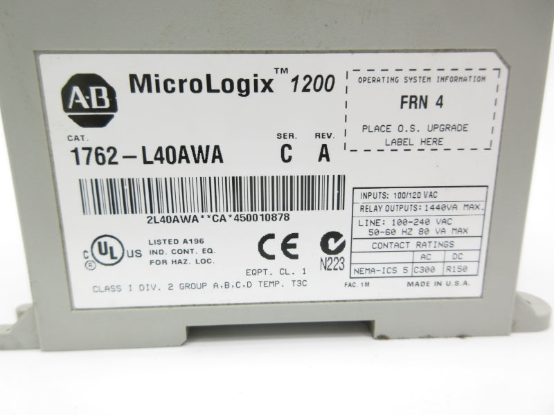 ALLEN BRADLEY 1762-L40AWA SER. C F/W 4 100/120VAC NSNP