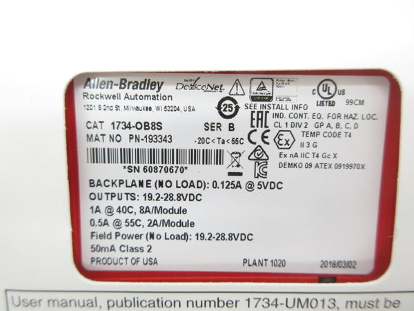 ALLEN BRADLEY 1734-OB8S SER. B 19.2-28.8VDC NSMP