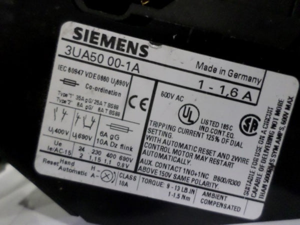 SIEMENS 3UA5000-1A OVERLOAD RELAY 1-1.6A w/ 3UX1418 TERMINAL BLOCK  UNMP