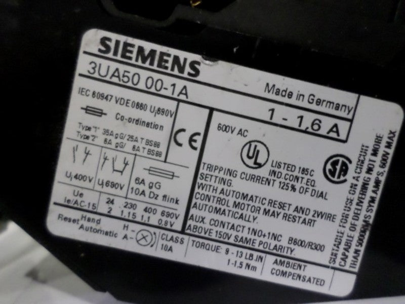 SIEMENS 3UA5000-1A OVERLOAD RELAY 1-1.6A w/ 3UX1418 TERMINAL BLOCK  UNMP