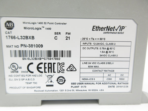 ALLEN BRADLEY 1766-L32BXB SER. C F/W 21 12-24VDC NSNP