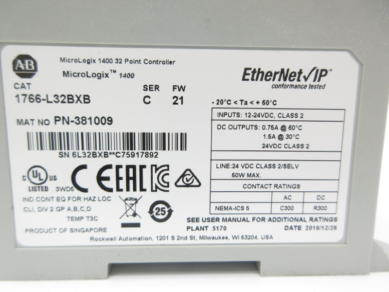 ALLEN BRADLEY 1766-L32BXB SER. C F/W 21 12-24VDC NSNP