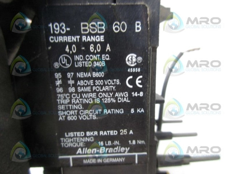 ALLEN BRADLEY 193-BSB-60 SER. B OVERLOAD RELAY  UNMP