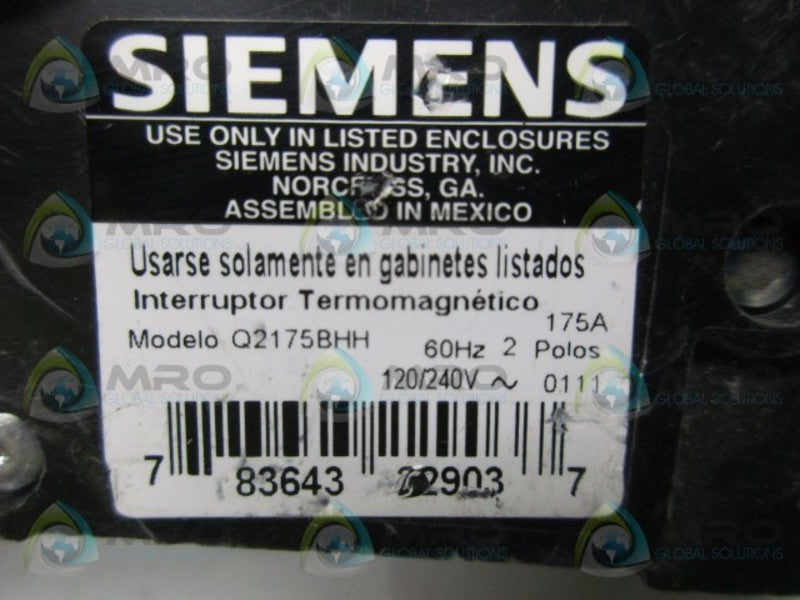 SIEMENS Q2175BHH CIRCUIT BREAKER  UNMP