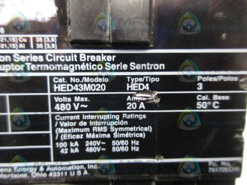 SIEMENS HED43M020 CIRCUIT BREAKER  UNMP