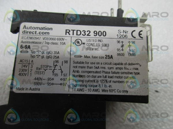 AUTOMATION DIRECT RTD32900 6-9 AMP THERMAL OVERLOAD RELAY  UNMP