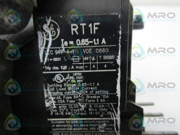 GENERAL ELECTRIC RT1F 0.65-1.1 AMP OVERLOAD RELAY  UNMP