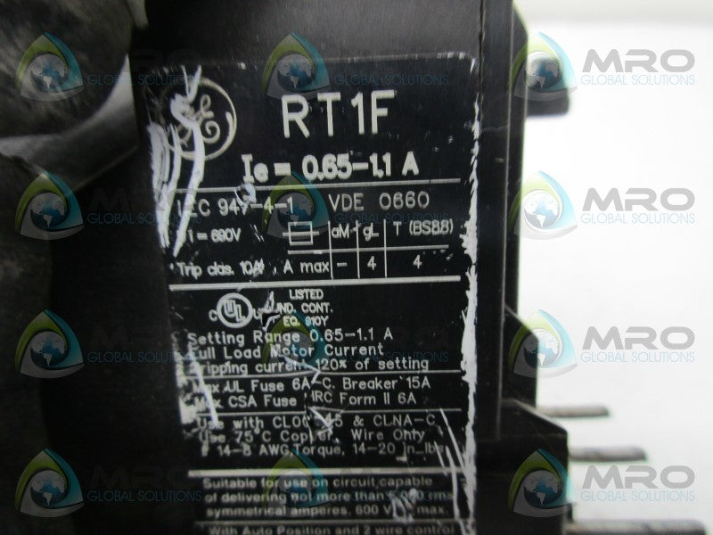 GENERAL ELECTRIC RT1F 0.65-1.1 AMP OVERLOAD RELAY  UNMP