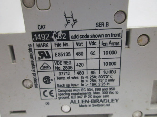 ALLEN BRADLEY 1492-CB2G200 SER. B CIRCUIT BREAKER 20A  UNMP