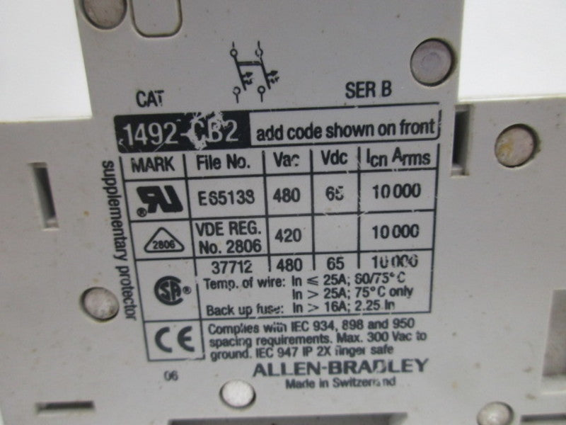 ALLEN BRADLEY 1492-CB2G200 SER. B CIRCUIT BREAKER 20A  UNMP