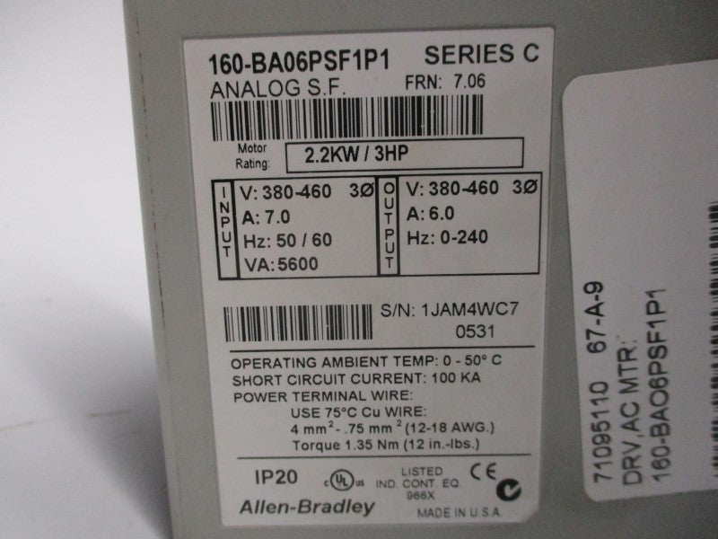 ALLEN BRADLEY 160-BA06PSF1P1 SER. C F/W 7.06 UNMP