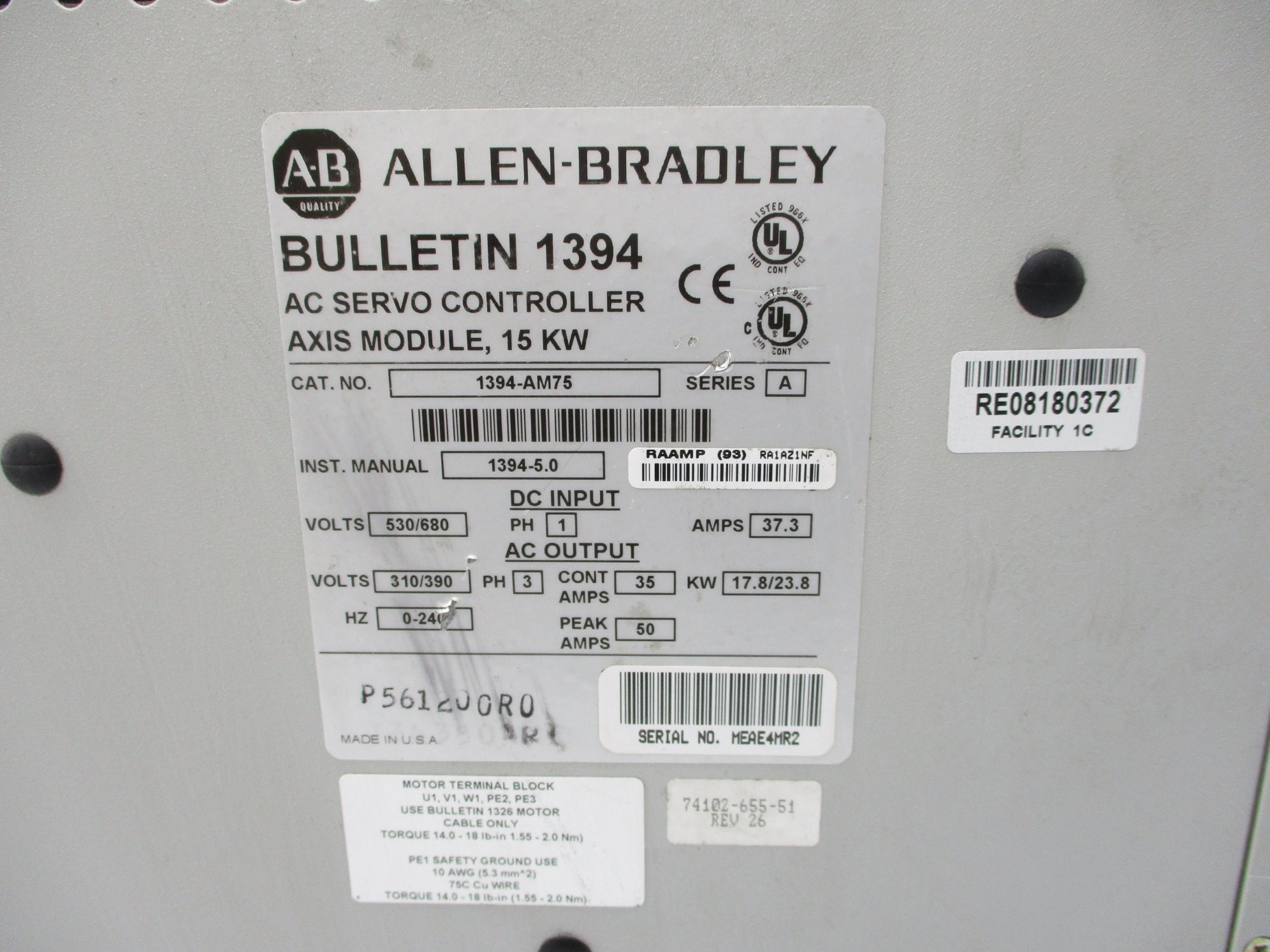 ALLEN BRADLEY 1394-AM75 SER. A 530/680VDC 37.3A (AS PICTURED) UNMP