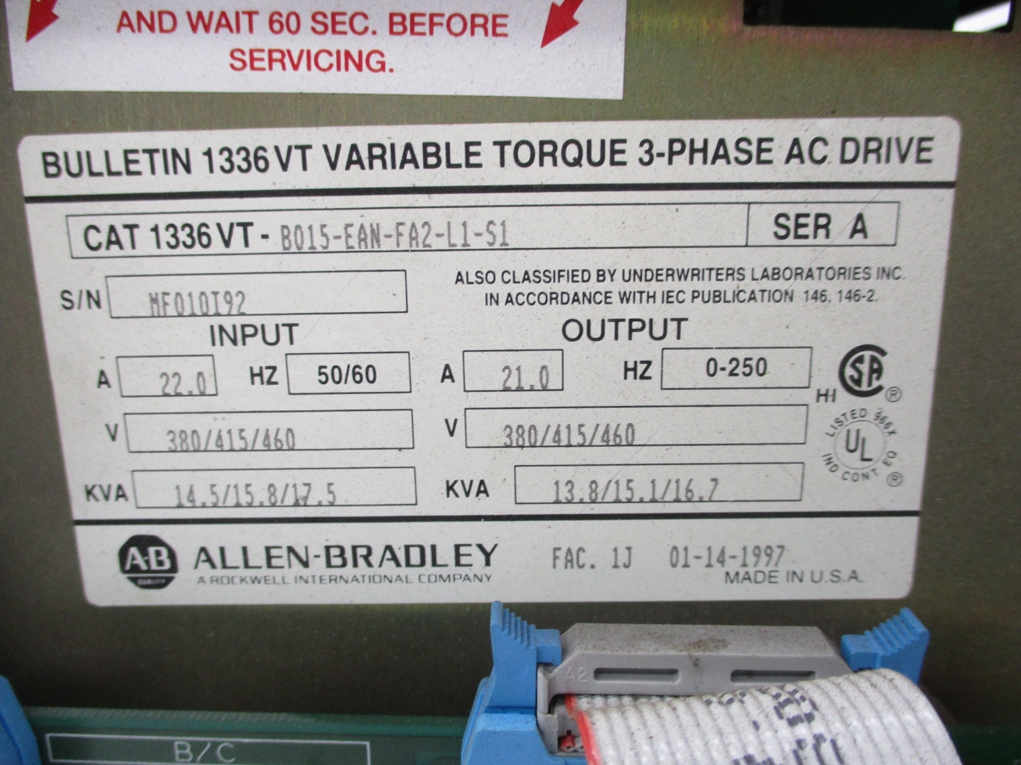 ALLEN BRADLEY 1336VT-B015-EAN-FA2-L1-S1 SER. A UNMP