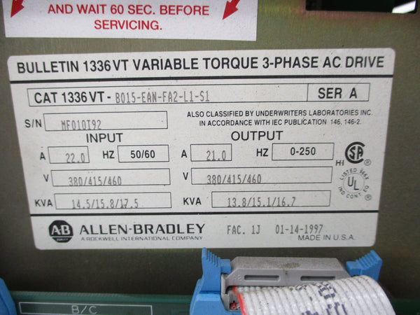 ALLEN BRADLEY 1336VT-B015-EAN-FA2-L1-S1 SER. A UNMP
