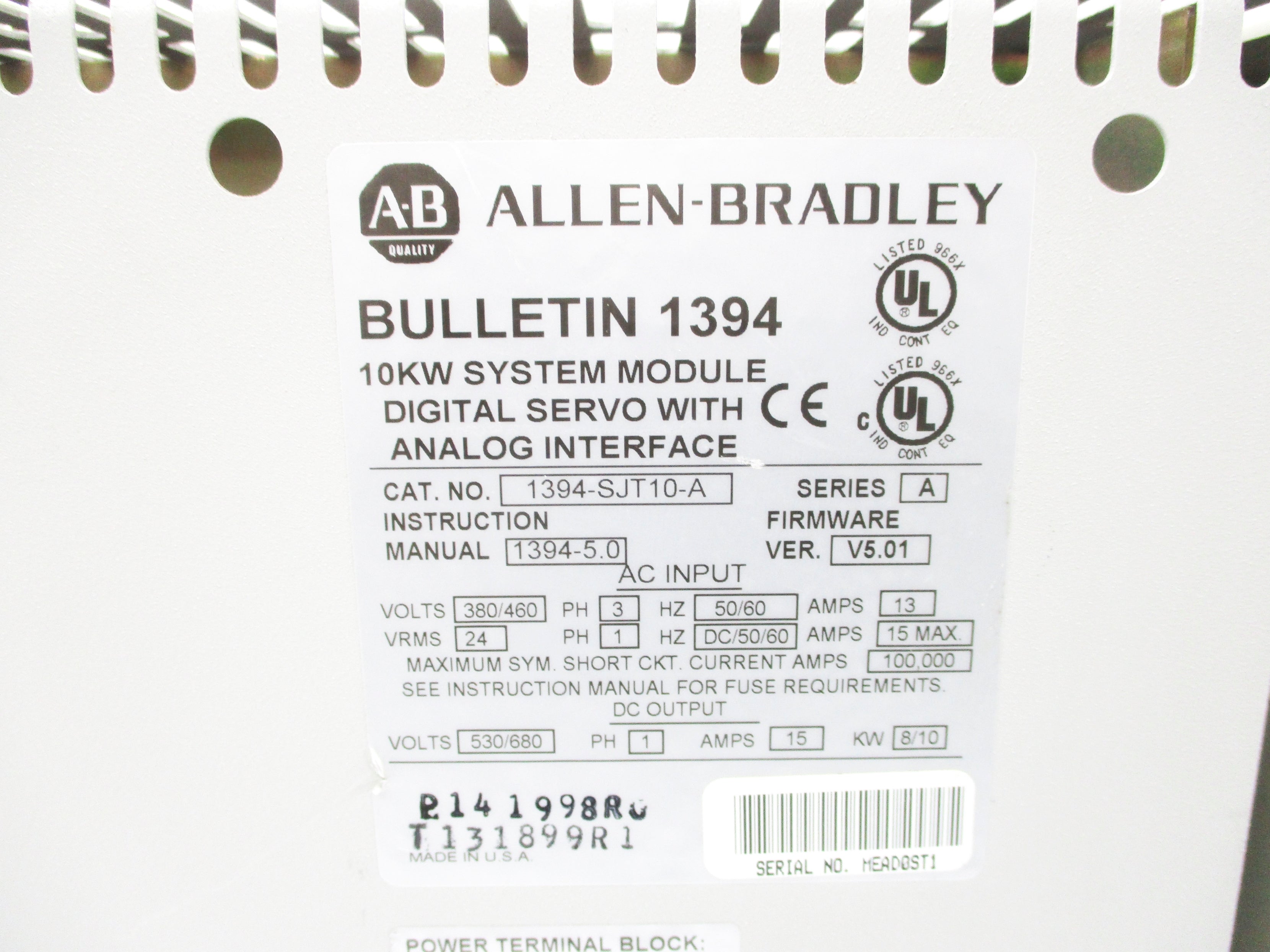 ALLEN BRADLEY 1394-SJT10-A SER. A F/W V5.01 UNMP