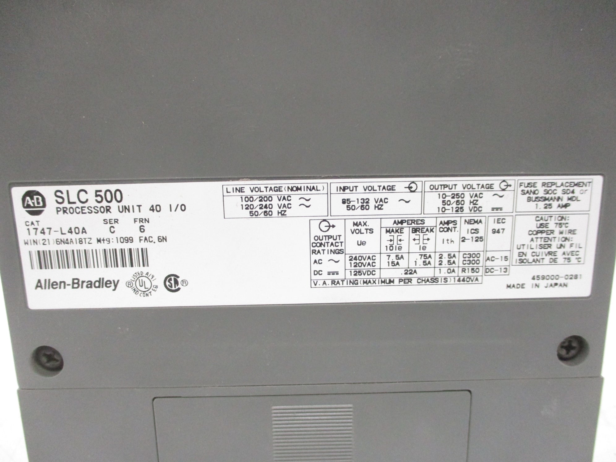 ALLEN BRADLEY 1747-L40A SER. C F/W 6 (AS PICTURED) UNMP