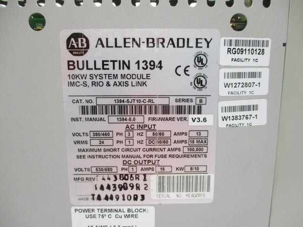 ALLEN BRADLEY 1394-SJT10-C-RL SER. B F/W V3.6 UNMP