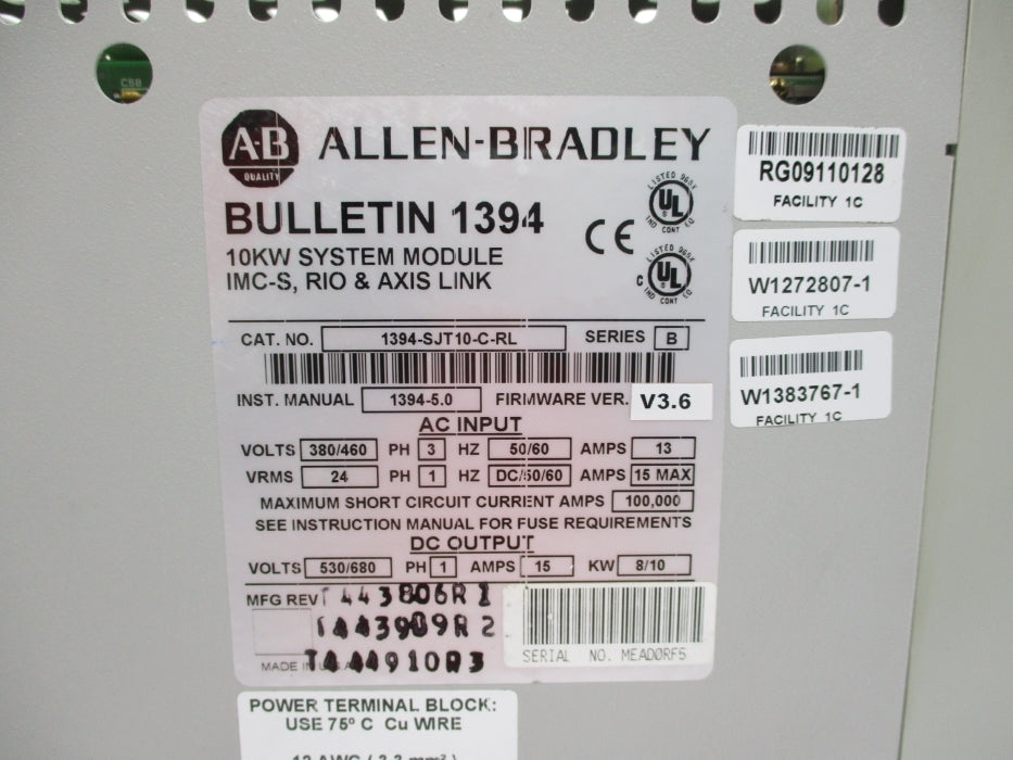 ALLEN BRADLEY 1394-SJT10-C-RL SER. B F/W V3.6 UNMP