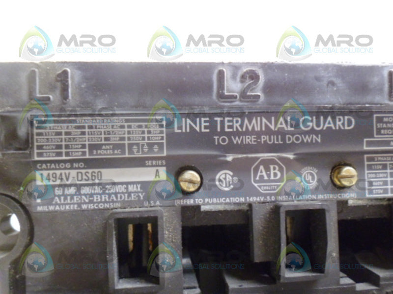ALLEN BRADLEY 1494V-DS60 SER A LINE TERMINAL GARD  UNMP