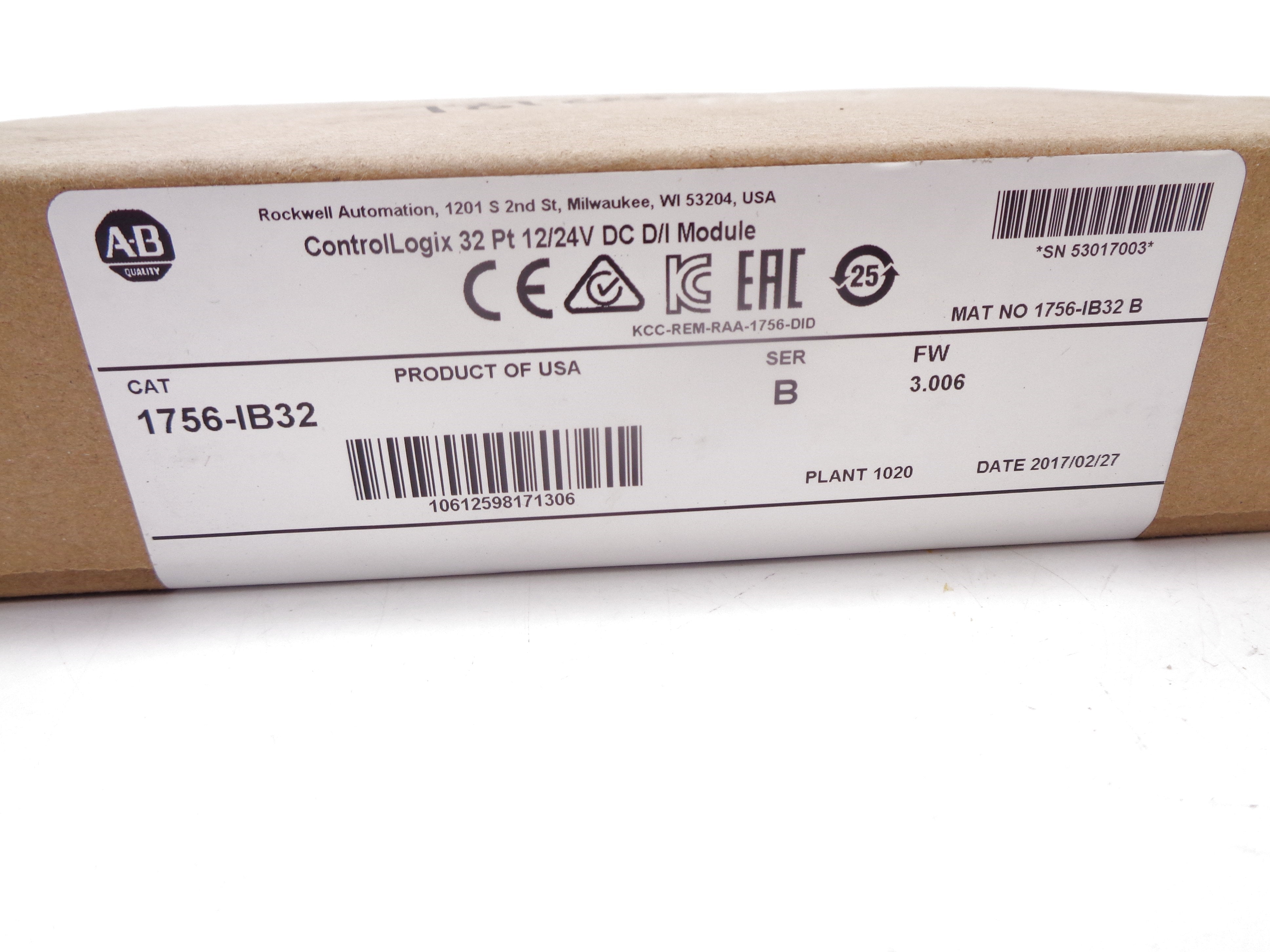 ALLEN BRADLEY 1756-IB32 SER. B F/W 3.006 DATE: 2017 NSFS