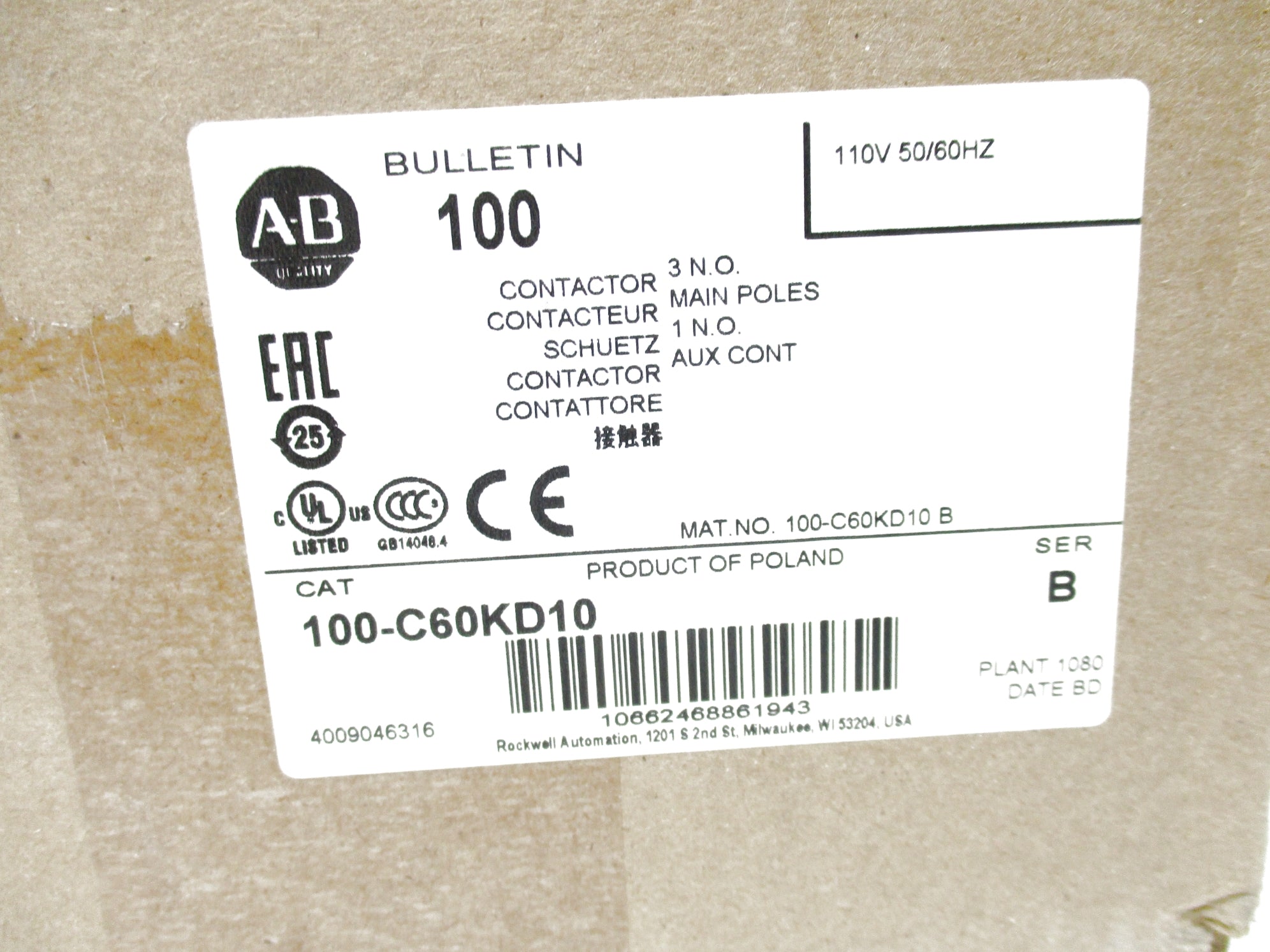 ALLEN BRADLEY 100-C60KD10 SER. B 110V 50/60HZ (BR/WH) NSMP