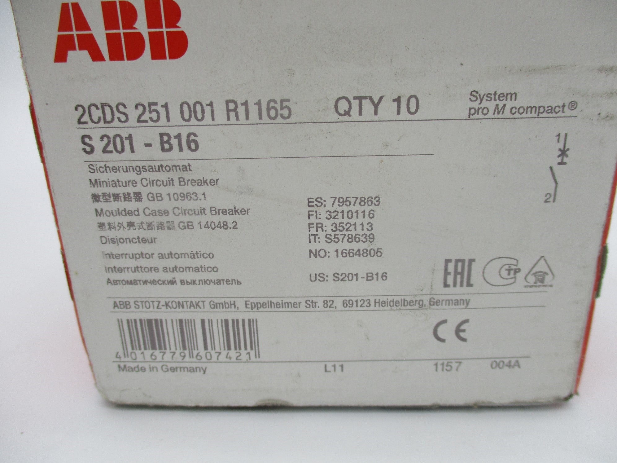 ABB S201-B16 230/400V 6A (PKG OF 10) NSMP