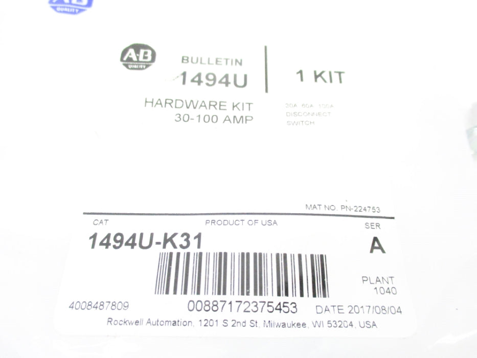ALLEN BRADLEY 1494U-K31 SER. A 30/60/100A NSMP