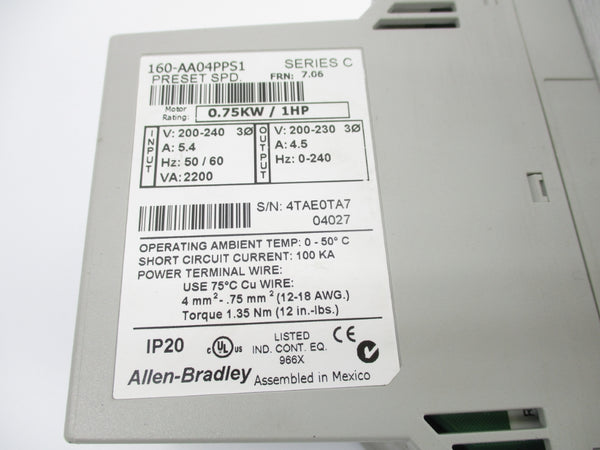 ALLEN BRADLEY 160-AA04PPS1 SER. C  F/W 7.05 200-240V 5.4/4.5A UNMP