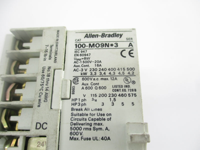 ALLEN BRADLEY 100-MO9NJ3 SER. A 24VDC 20A UNMP