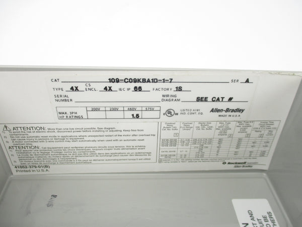 ALLEN BRADLEY 109-C09KBA1D-1-7 SER. A 440/480V NSNP