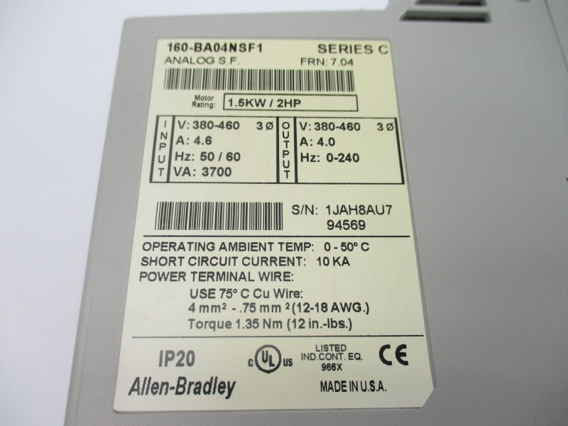 ALLEN BRADLEY 160-BA04NSF1 SER. C F/W 7.04 380-460V 4.6A NSNP