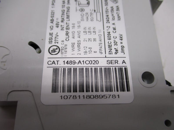 ALLEN BRADLEY 1489-A1C020 CIRCUIT BREAKER  SER. A 2A 277V NSNP