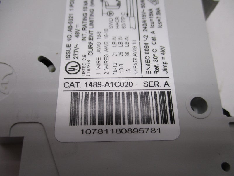 ALLEN BRADLEY 1489-A1C020 CIRCUIT BREAKER  SER. A 2A 277V NSNP