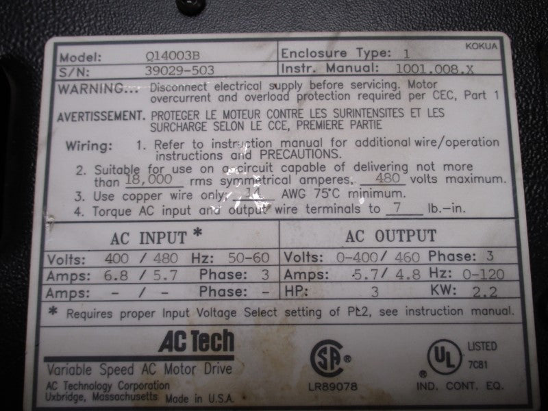 AC TECH Q14003B 1001.008.X UNMP