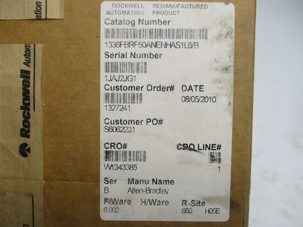 ALLEN BRADLEY 1336F-BRF50-AN-EN-HAS1-L6 SER. B F/W 6.002 REMAN